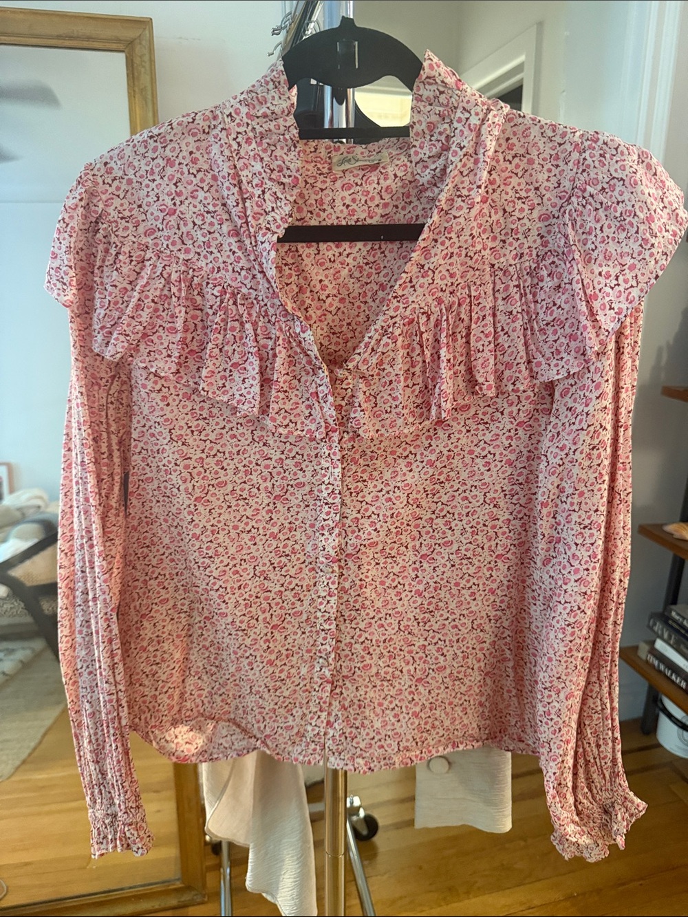 Pink Floral Ruffle Button-Front Women's Blouse